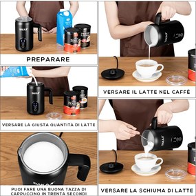 Montalatte Elettrico 500W Cappuccinatore Caldo Freddo Schiumatore Latte in Acciaio e PP Nero...
