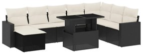 Set divani da giardino 9 pz con cuscini nero in polyrattan