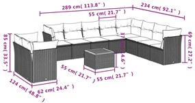 Set divani da giardino 11 pz con cuscini in polyrattan nero