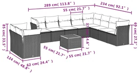 Set divani da giardino 11 pz con cuscini in polyrattan nero