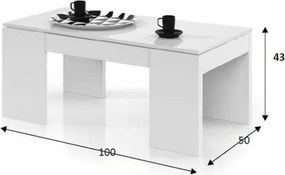 Tavolino Da Salotto Con Piano Elevabile 50x100x43 Cm Bianco Lucido