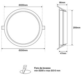 Faro LED incasso 30W foro ø200-210 UGR19 110lm/W - Dimmerabile Colore Bianco Naturale 4.000K