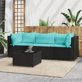 Set divani da giardino 4 pz con cuscini nero in polyrattan