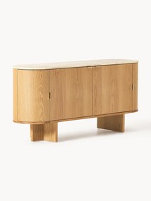 Credenza in legno con angoli arrotondati e piano in travertino Zumi