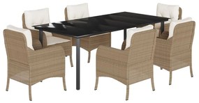 Set da pranzo da giardino 7 pz con cuscini beige in polyrattan