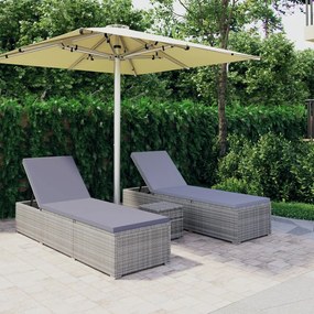 Lettini prendisole con tavolino 3 pz in polyrattan grigio