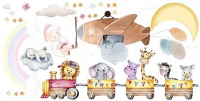 Simpatico adesivo per bambini sul muro - animali in un treno 80 x 160 cm 120 x 240 cm