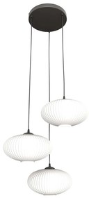 Lampadario 3 Luci Iris Base Tonda In Acciaio Nero Paralume Plissettato Bianco