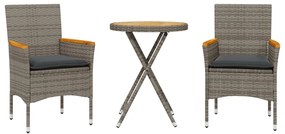 Set da bistrò 3 pz con cuscini grigio polyrattan acacia