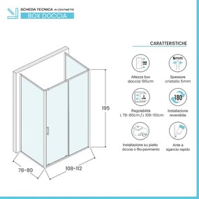 Box doccia 3 lati 80x110x80 con porta scorrevole trasparente   Tay