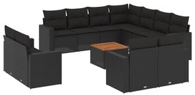 Set Divani da Giardino 12 pz con Cuscini Nero in Polyrattan