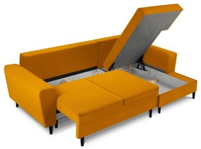 Divano angolare color senape allungabile e con contenitore (con penisola a destra/con chaise lounge) con rivestimento in velluto a coste Kyoto – Cosmopolitan Design