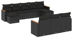 Set divani da giardino 10pz con cuscini in polyrattan nero