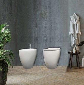 Candy Coppia sanitari a pavimento Vaso E Bidet Filo Muro senza brida in ceramica Con Sedile soft close Bianco