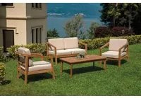 Set Salotto da Giardino Divano 2 Poltrone e Tavolino Riace in Legno Teak con Cuscini Ecr