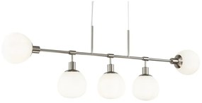 Lampadario Sospensione Erich Metallo Nichel 5 Luci E Diffusori Bianchi