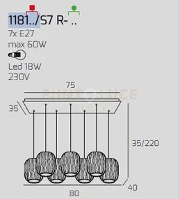 Sospensione ottone sat. 7 luci rettangolare vetri blu 1181os-s7 r-bl