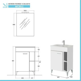 Mobile bagno a terra 60 cm bianco lucido con 1 anta lavabo e specchio Martha