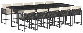 Set da pranzo da giardino 11 pz con cuscini in polyrattan nero