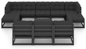 Set divani da giardino 11 pz con cuscini massello di pino nero