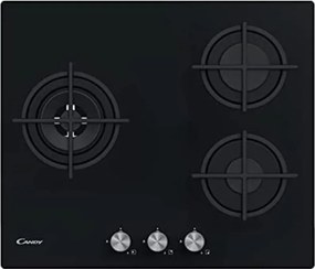 Candy New Timeless CSG63B4PB, Piano cottura in vetro a gas, 3 anelli, 60 cm, gas naturale adattabile a gas butano, 7,7 KW, 3 griglie lavabili in