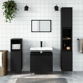 Set Di Mobili Da Bagno 3 Pz Nero İn Legno Multistrato /