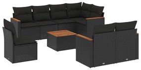 Set divani da giardino 9 pz con cuscini nero in polyrattan