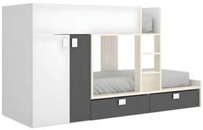 Letto a castello 2 x 90 x 190 cm - Armadio integrato - Bianco, Naturale e Antracite - JUANITO