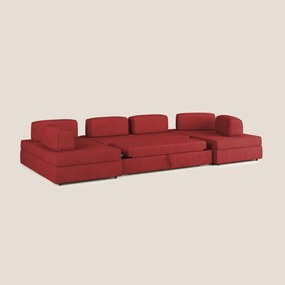 Liberty divano panoramico con pouf estraibile e schienali movibili in tessuto morbido impermeabile T02 rosso