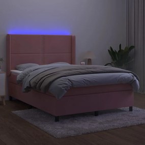 Letto a molle con materasso e led rosa 140x190 cm in velluto