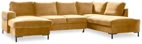 Divano letto a U in velluto giallo senape, angolo destro Lofty Lilly - Miuform
