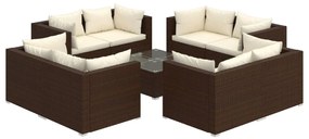 Set divani da giardino 9 pz con cuscini in polyrattan marrone