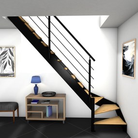 Scala 1/4 di giro in basso a sinistra Spectra BURGER, con parapetto, struttura in legno nero, gradini in legno rovere, colore rovere