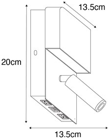 Applique bianca con LED integrato, USB e lampada da lettura con interruttore - Robin
