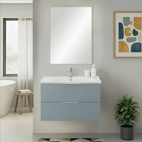 Mobile bagno sospeso 80cm azzurro polvere con cassetti lavabo e specchio Elva