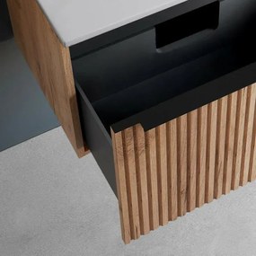 Mobile bagno sospeso 100 cm rovere africa cannettato con cassetto, specchio e lavabo Nara