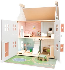 Casa delle bambole in legno con arredamento