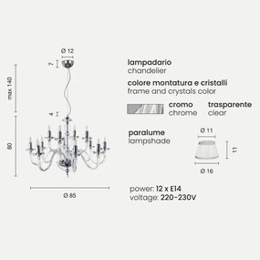 Lampada a sospensione D85 cm BACH con paralume in vetro trasparente 12 LUCI CROMO