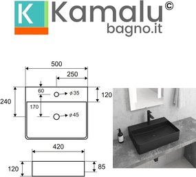 Lavabo da appoggio 50cm colore nero mat Litos-CNM500 - KAMALU
