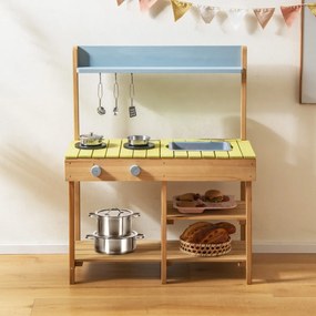 Costway Cucina giocattolo da esterno con 3 ganci appendibili 2 fornelli per bambini, Set da cucina giocattolo lavello rimovibile e scaffali aperti Naturale