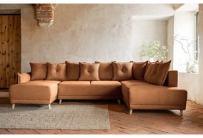 Divano letto angolare in velluto a coste color mattone (angolo destro a forma di U) Lazy Lukka - Miuform