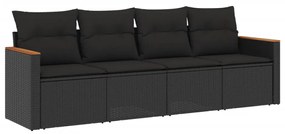 Set divani da giardino 4 pz con cuscini nero in polyrattan