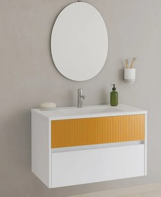 Mobile da bagno sospeso sotto lavabo Niwa 2 cassetti L 89.5 x H 50 x P 45.5 cm bianco e senape cannettato