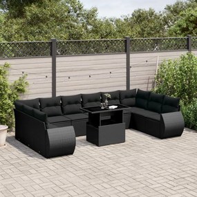 Set divani da giardino 11 pz con cuscini in polyrattan nero