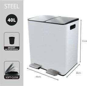 Cestino per la spazzatura bianco opaco in acciaio per raccolta differenziata/con pedale 2x20 l Aliya – Spirella