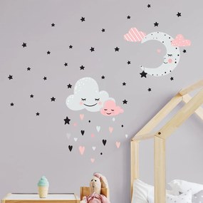 Adesivo murale rosa Luna e nuvole L'amore tra le stelle - Ambiance