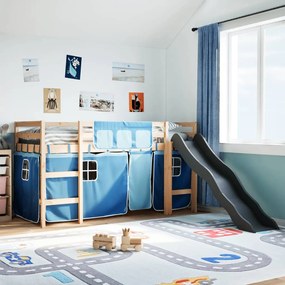 Letto A Soppalco Con Tende Bambini Blu 80x200 Cm Massello Pino /