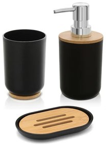 Accessori bagno da appoggio in set 3 pezzi in abs nero e bambù Surf
