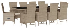 Set da pranzo da giardino 11 pz con cuscini beige in polyrattan