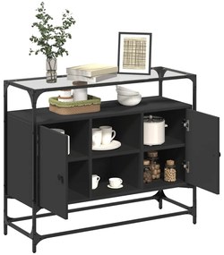 Credenza con piano in vetro nero 98x35x81cm legno multistrato